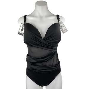 NEW Chamela Black Sleeveless Plunge Neck Mesh One Piece Swimsuit Bikini Size XL
